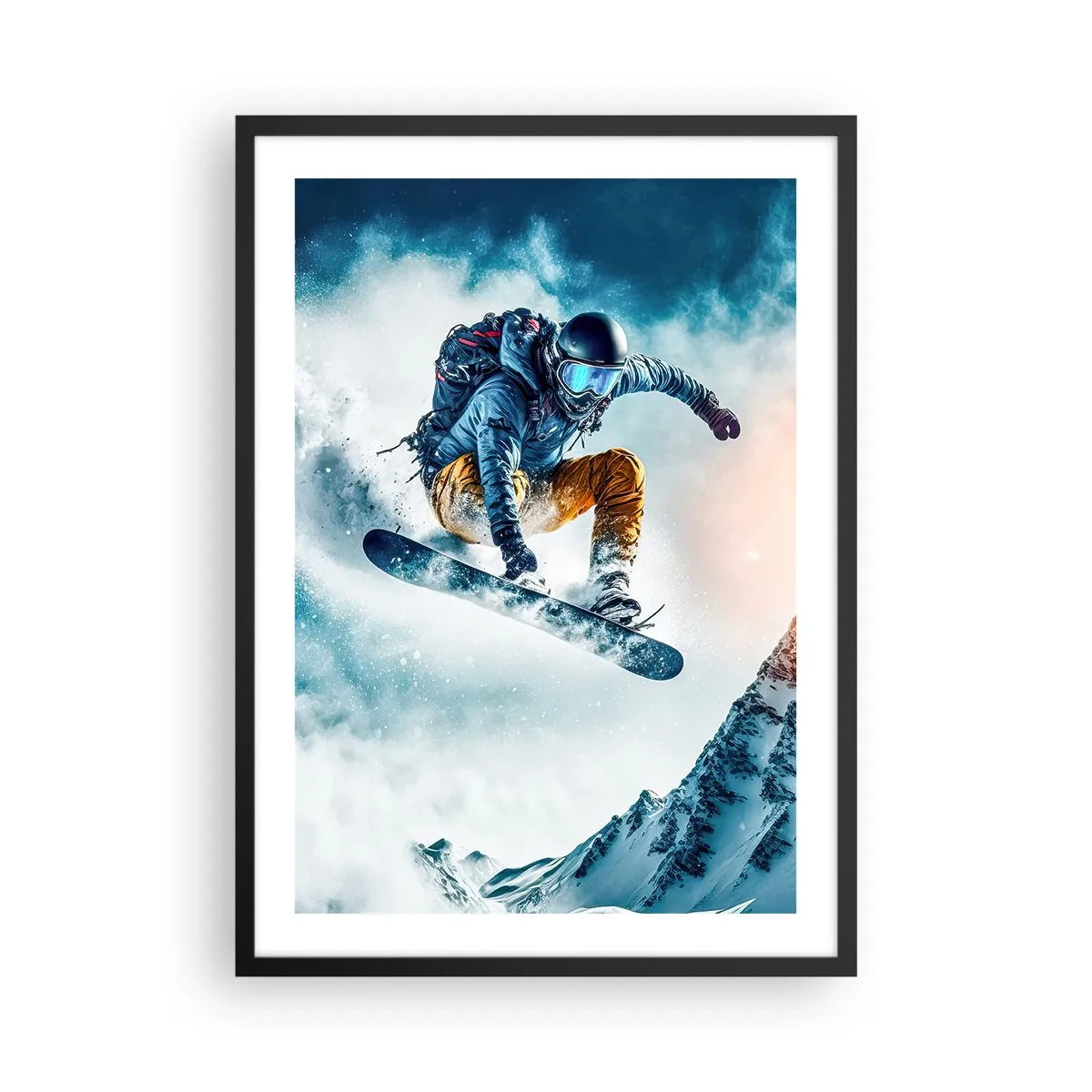 Affiche dans un cadre noir - Poster - Un snowboarder survole un sommet enneigé - 50x70cm - Des émotions extrêmes - Décoration murale moderne pour le salon et la chambre ARTTOR