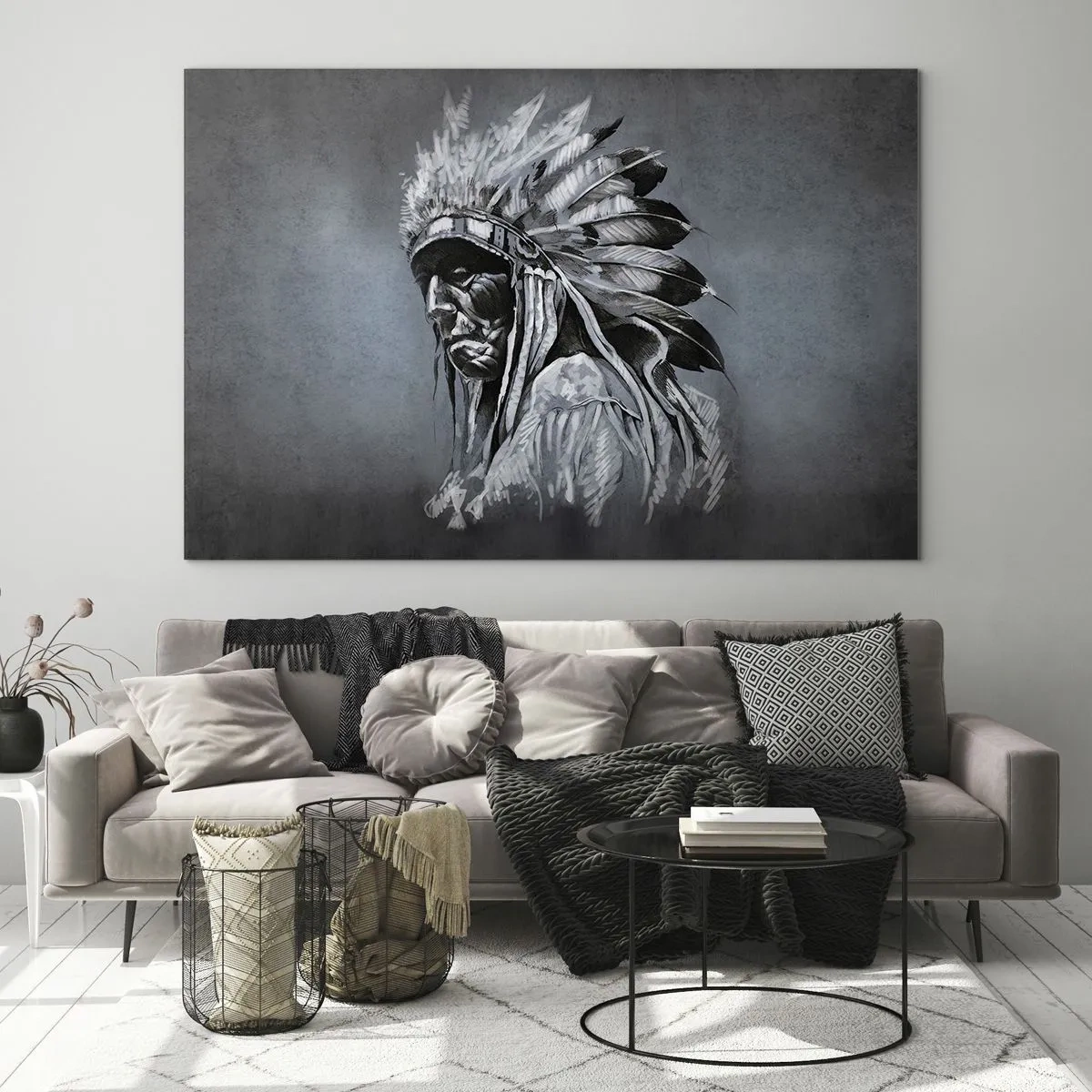 Impression sur verre - Image sur verre - Portrait d'un homme avec une coiffe de plumes sur un fond gris foncé - 70x50cm - Retour aux sources - Décoration murale moderne pour le salon et la chambre ARTTOR