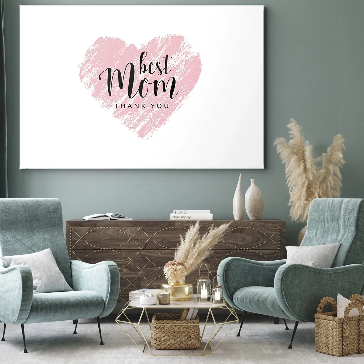 Impression sur toile - Image sur toile - Cœur rose avec les mots « Meilleure maman, merci » sur fond blanc - 70x50cm - Toujours au bon moment - Décoration murale moderne pour le salon et la chambre ARTTOR