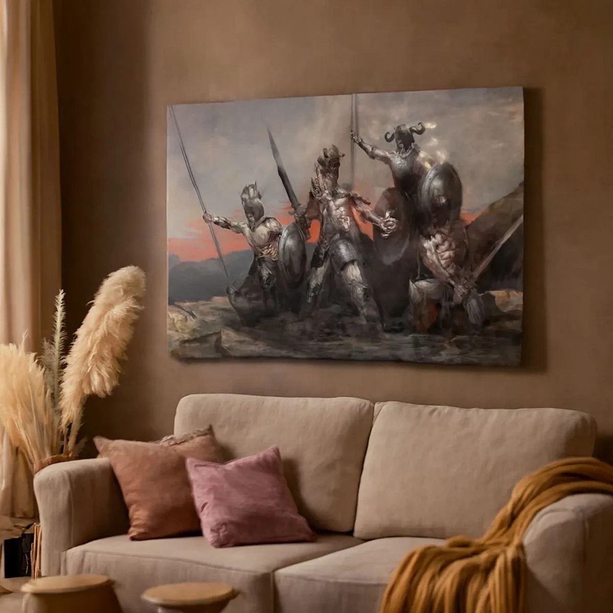 Impression sur toile - Image sur toile - Un groupe de guerriers en armure avec des lances sur fond de coucher de soleil - 70x50cm - Avec ou sur un bouclier - Décoration murale moderne pour le salon et la chambre ARTTOR