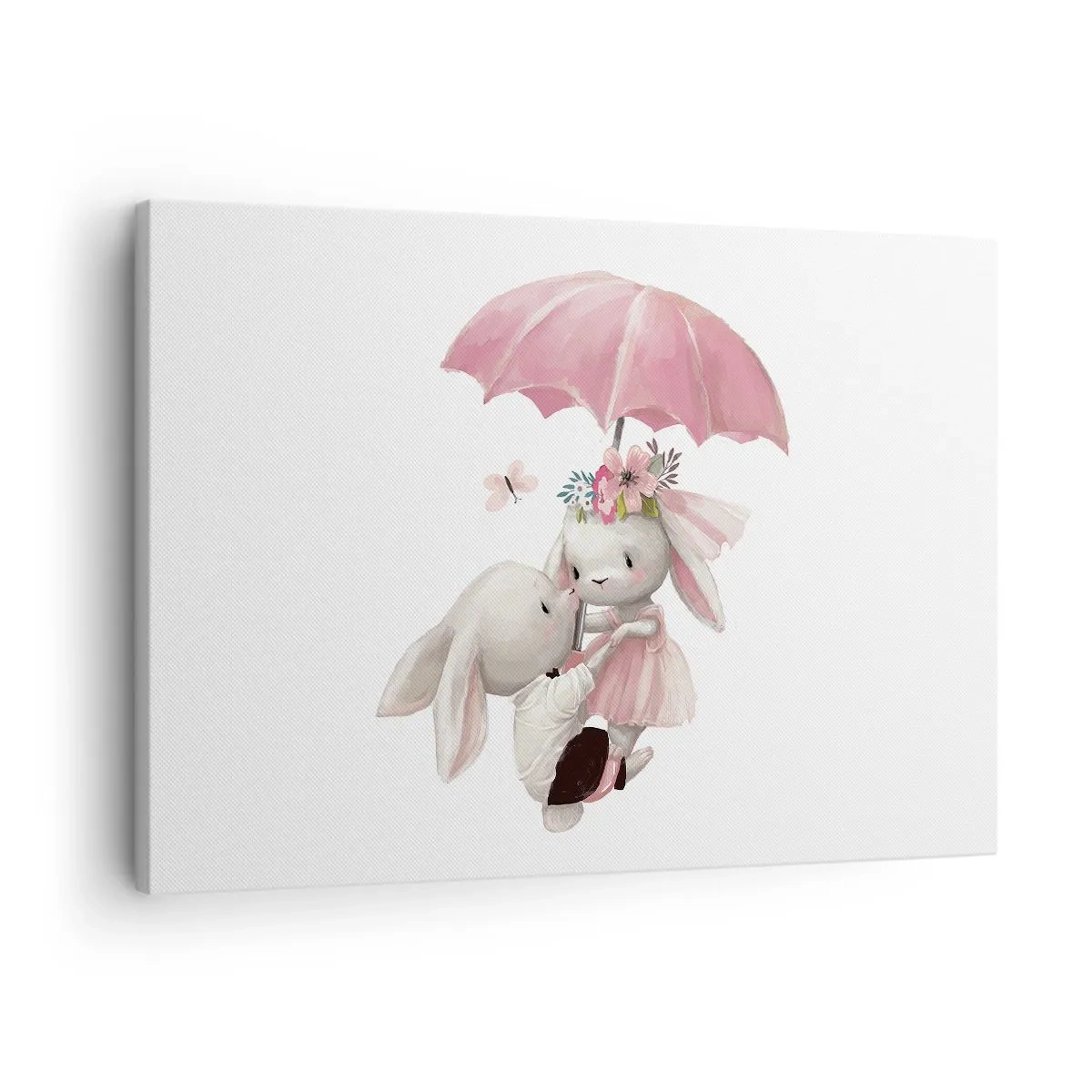 Impression sur toile - Image sur toile - Des lapins mignons sous un parapluie rose - 70x50cm - C'est ça l'amour - Décoration murale moderne pour le salon et la chambre ARTTOR