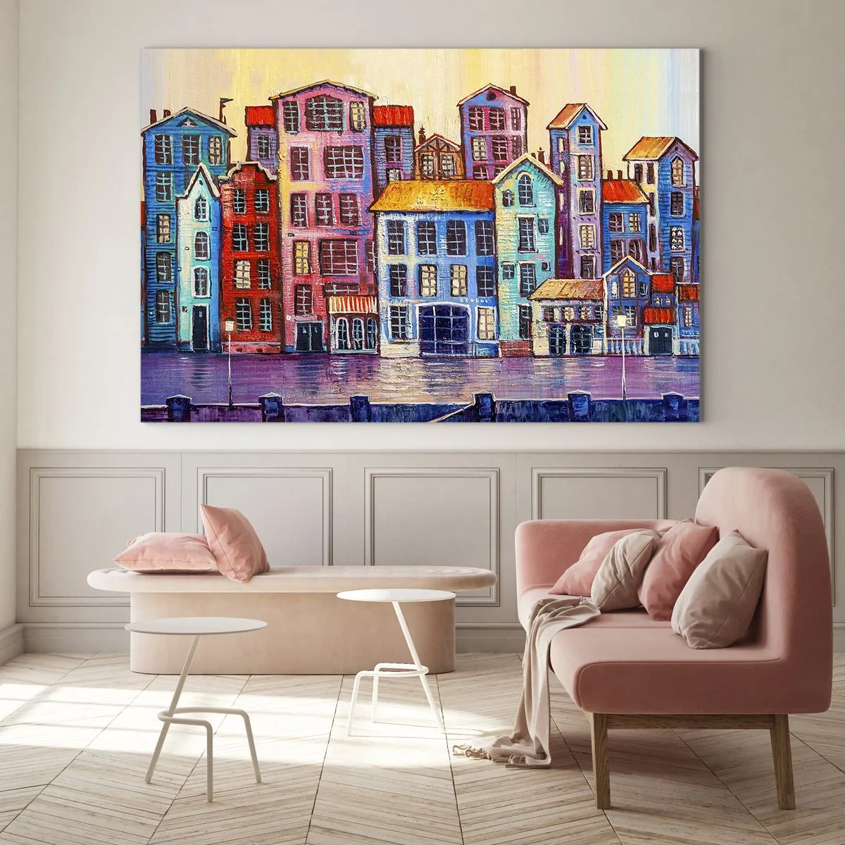 Impression sur verre - Image sur verre - Des immeubles colorés se reflètent dans l'eau - 70x50cm - Une ville comme dans un conte de fées - Décoration murale moderne pour le salon et la chambre ARTTOR