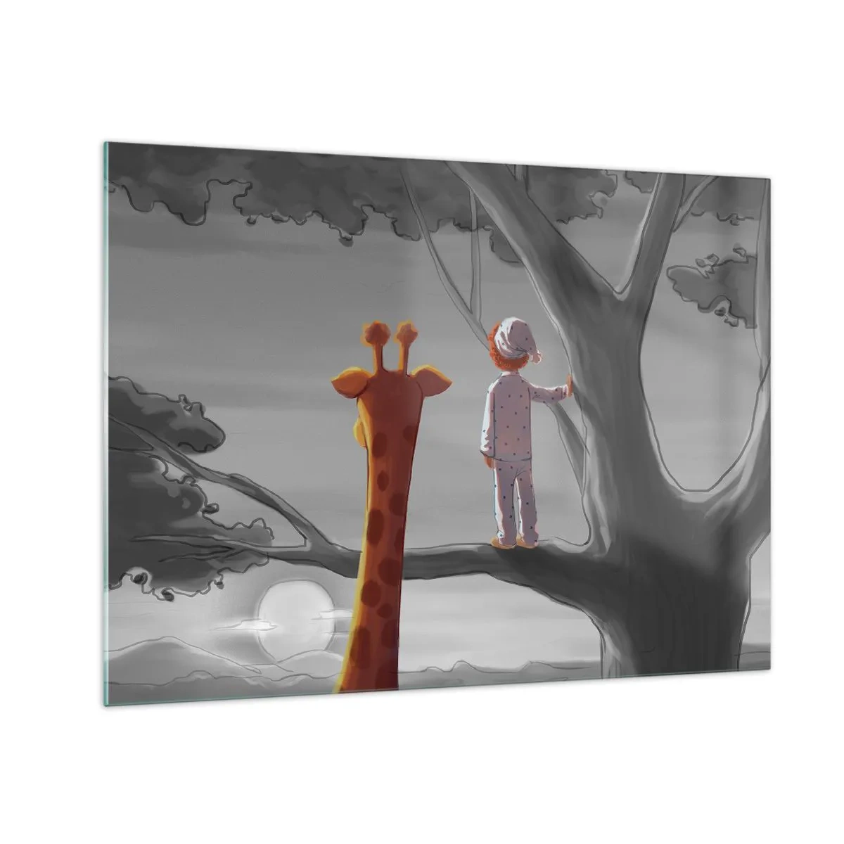 Impression sur verre - Image sur verre - Un enfant en pyjama et une girafe regardent le coucher de soleil depuis un arbre. - 70x50cm - Cela arrive vraiment - Décoration murale moderne pour le salon et la chambre ARTTOR