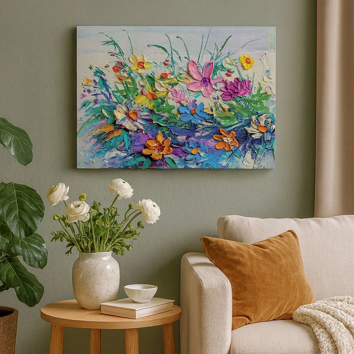 Impression sur toile - Image sur toile - Un bouquet de fleurs coloré peint selon la technique de l'empâtement - 70x50cm - Absolument pas une nature morte - Décoration murale moderne pour le salon et la chambre ARTTOR