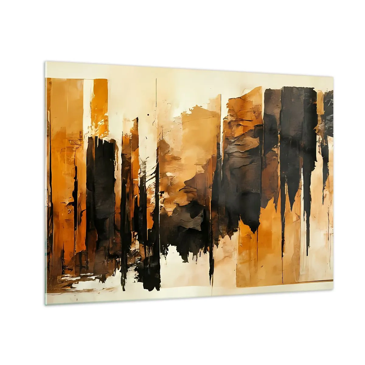 Impression sur verre - Image sur verre - Abstraction brun doré avec des structures verticales - 70x50cm - Harmonie de noir et d'or - Décoration murale moderne pour le salon et la chambre ARTTOR