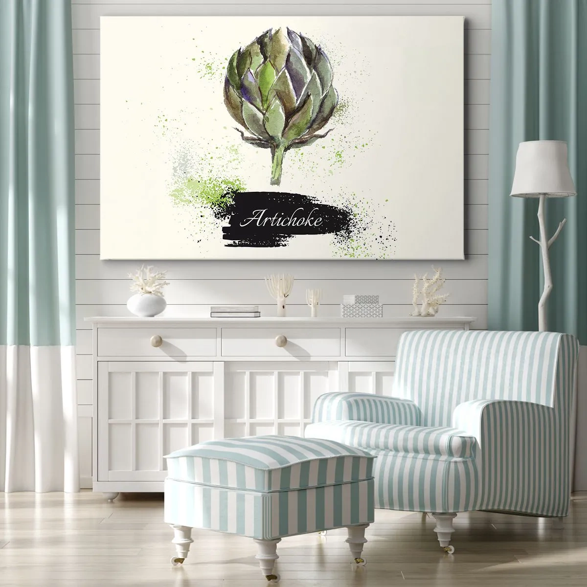 Impression sur toile - Image sur toile - Artichaut à l'aquarelle avec texte sur fond clair aux accents verts - 70x50cm - Vive les légumes! - Décoration murale moderne pour le salon et la chambre ARTTOR