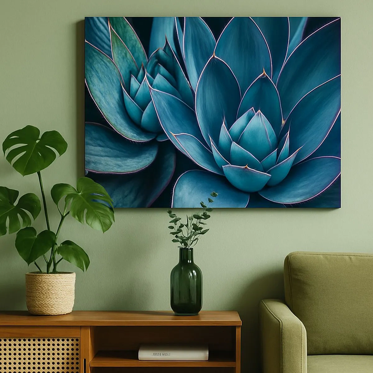Impression sur toile - Image sur toile - Agave dans des tons de bleu et de vert avec des accents roses - 70x50cm - Force vital - Décoration murale moderne pour le salon et la chambre ARTTOR