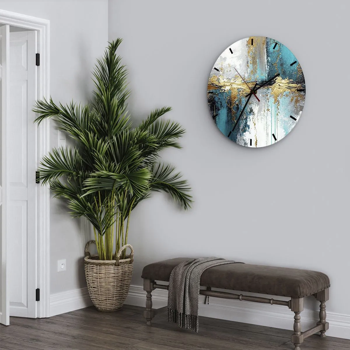 Horloge murale - Pendule murale - Coups de peinture abstraits en turquoise, blanc et or - 30x30cm - Tout coule - Décoration murale moderne pour le salon, la cuisine et la chambre ARTTOR