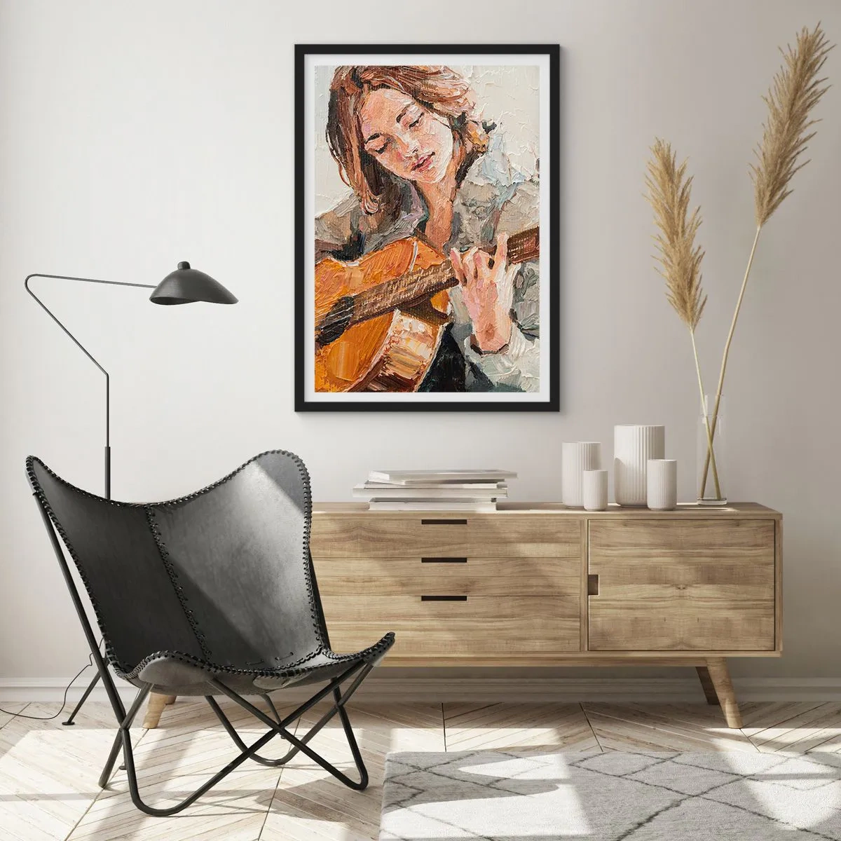 Affiche dans un cadre noir - Poster - Portrait d'une femme jouant de la guitare en style impasto - 50x70cm - Concerto pour guitare et coeur de fille - Décoration murale moderne pour le salon et la chambre ARTTOR