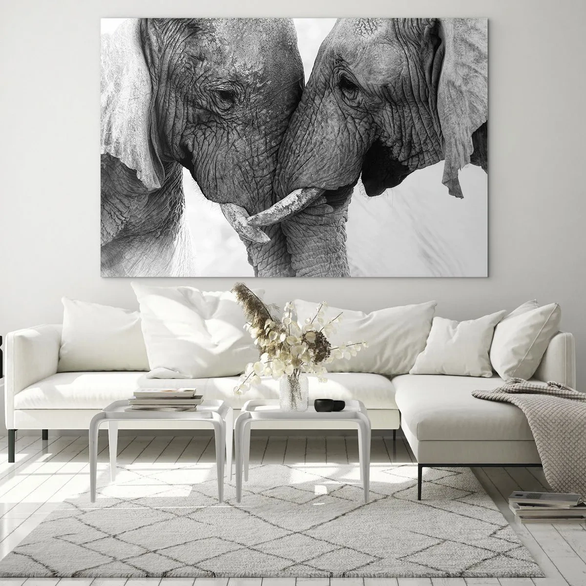 Impression sur verre - Image sur verre - Deux éléphants se touchant le front en noir et blanc - 70x50cm - Confession sincère - Décoration murale moderne pour le salon et la chambre ARTTOR