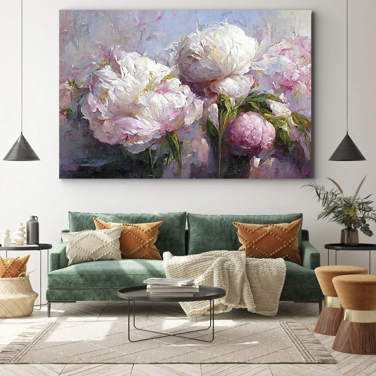 Impression sur toile - Image sur toile - Fleurs de pivoine romantiques aux couleurs pastel - 70x50cm - Un bouquet plein de vie - Décoration murale moderne pour le salon et la chambre ARTTOR
