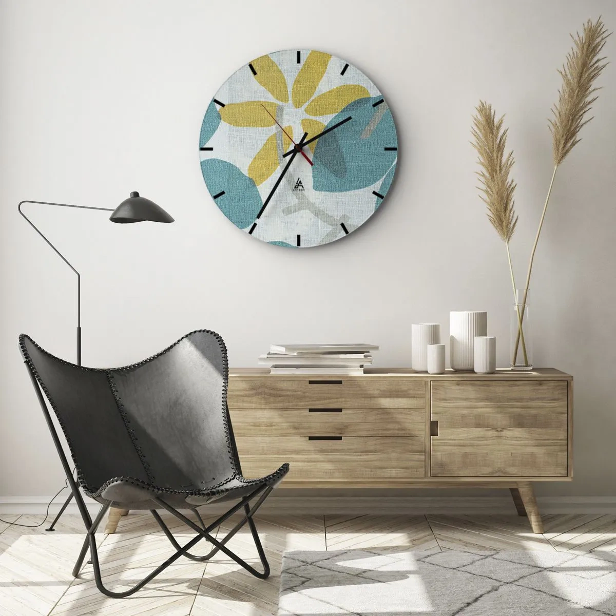 Horloge murale - Pendule murale - Feuilles jaunes et turquoise sur un fond clair texturé en lin - 30x30cm - Wśród lazurowych liści - Décoration murale moderne pour le salon, la cuisine et la chambre ARTTOR