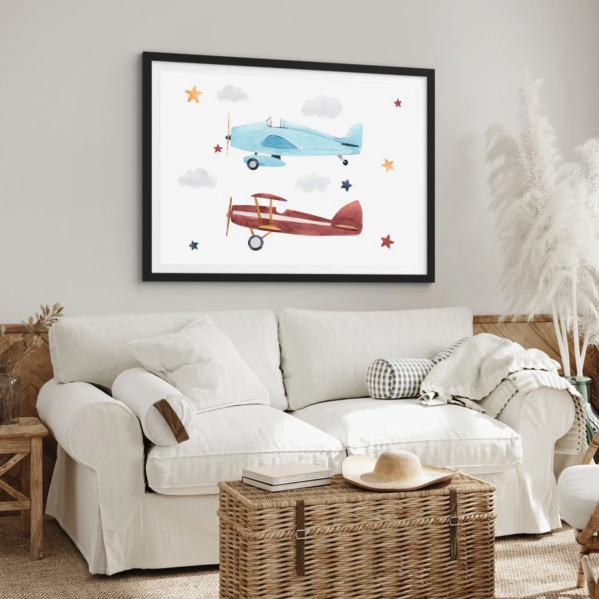 Affiche dans un cadre noir - Poster - Avions peints à la main sur fond de nuages et d'étoiles - 70x50cm - Monsieur le pilote, nous vous attendons ! - Décoration murale moderne pour le salon et la chambre ARTTOR