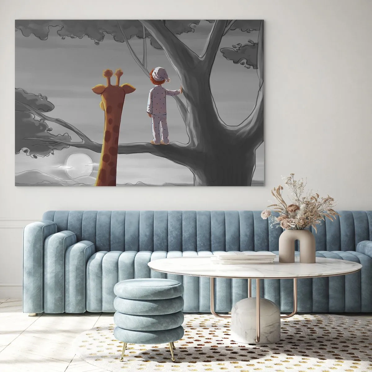 Impression sur verre - Image sur verre - Un enfant en pyjama et une girafe regardent le coucher de soleil depuis un arbre. - 70x50cm - Cela arrive vraiment - Décoration murale moderne pour le salon et la chambre ARTTOR