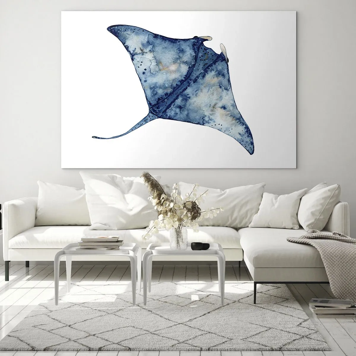 Impression sur verre - Image sur verre - Rayon bleu marine en style aquarelle sur fond blanc - 70x50cm - La vie en bleu - Décoration murale moderne pour le salon et la chambre ARTTOR