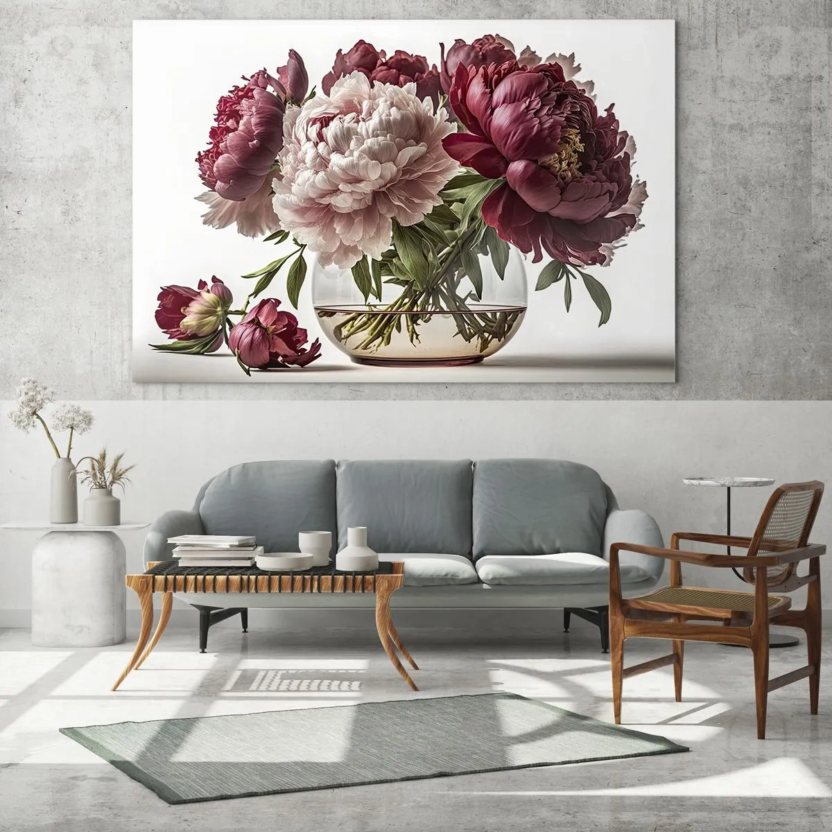 Impression sur verre - Image sur verre - Un bouquet de pivoines dans un vase en verre sur fond clair - 70x50cm - En pleine floraison de beauté - Décoration murale moderne pour le salon et la chambre ARTTOR