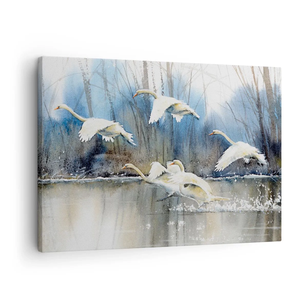 Impression sur toile - Image sur toile - Cygnes en vol au-dessus d'un lac gelé dans un paysage hivernal - 70x50cm - Comme dans un conte de fées sur les cygnes sauvages - Décoration murale moderne pour le salon et la chambre ARTTOR