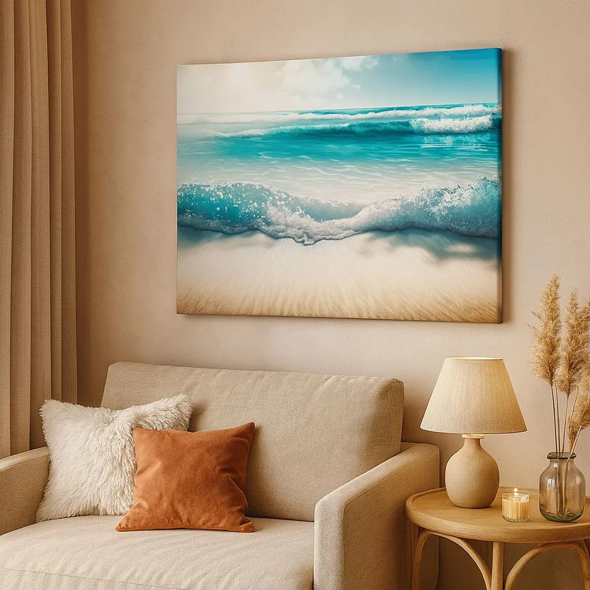 Impression sur toile - Image sur toile - Vagues de l'océan sur une plage de sable clair - 70x50cm - La paix de l'océan - Décoration murale moderne pour le salon et la chambre ARTTOR