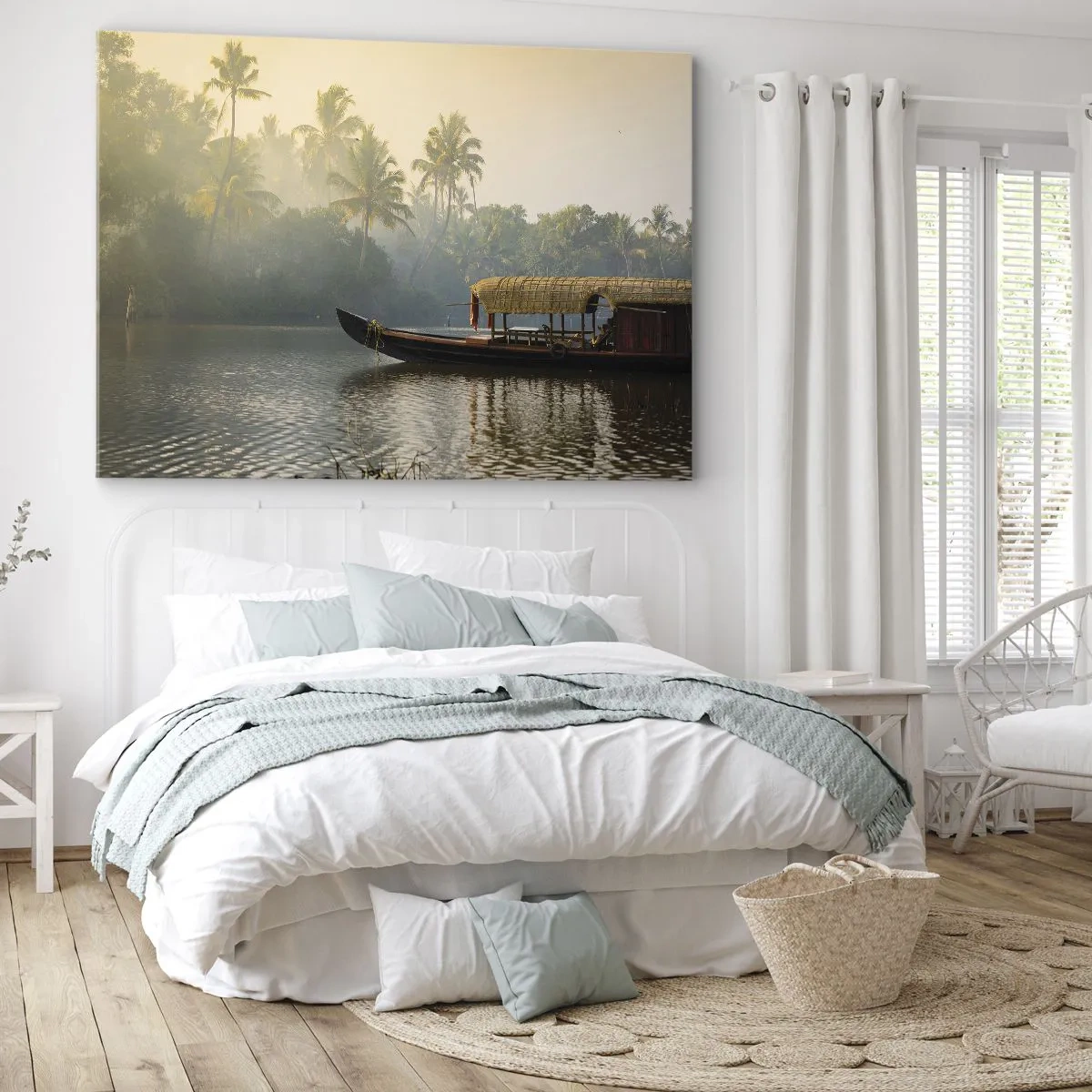 Impression sur toile - Image sur toile - Un bateau traditionnel sur une rivière calme parmi les palmiers - 70x50cm - Maison sur la rivière - Décoration murale moderne pour le salon et la chambre ARTTOR
