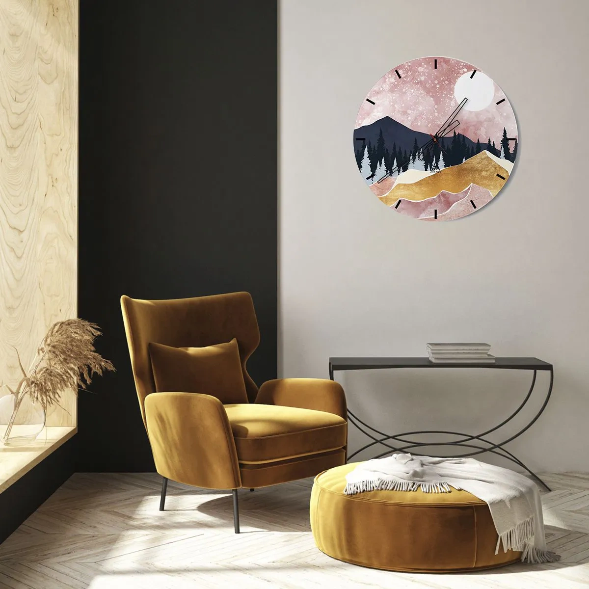 Horloge murale - Pendule murale - Paysage de montagne artistique aux couleurs pastel avec une forêt et la lune. - 30x30cm - Gardien de la nuit - Décoration murale moderne pour le salon, la cuisine et la chambre ARTTOR
