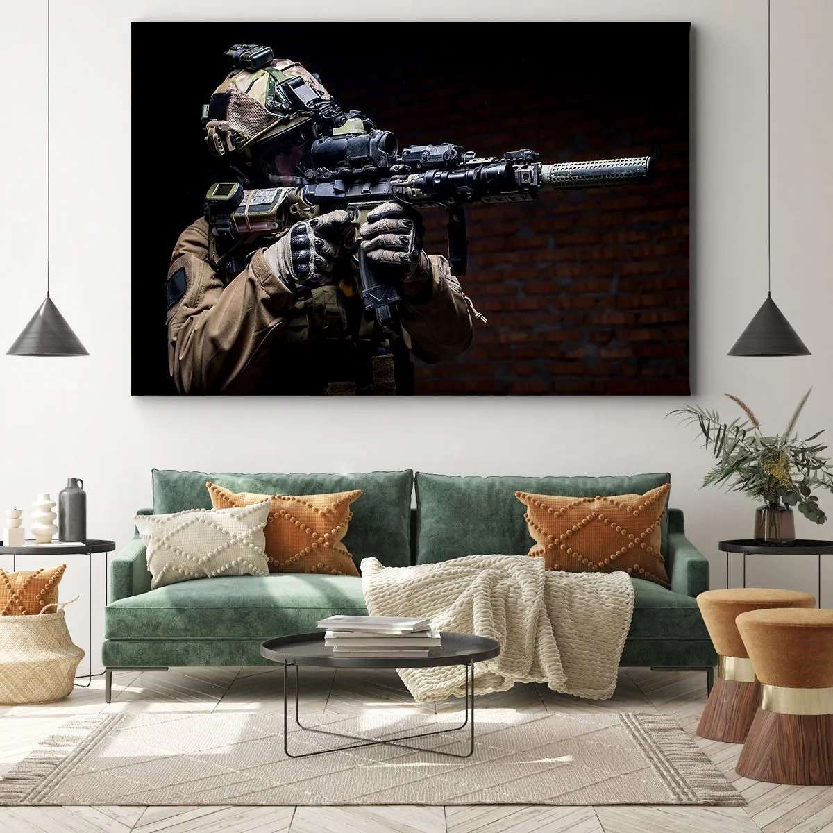 Impression sur toile - Image sur toile - Un soldat en équipement complet avec un fusil - 70x50cm - Meurtrier efficace - Décoration murale moderne pour le salon et la chambre ARTTOR