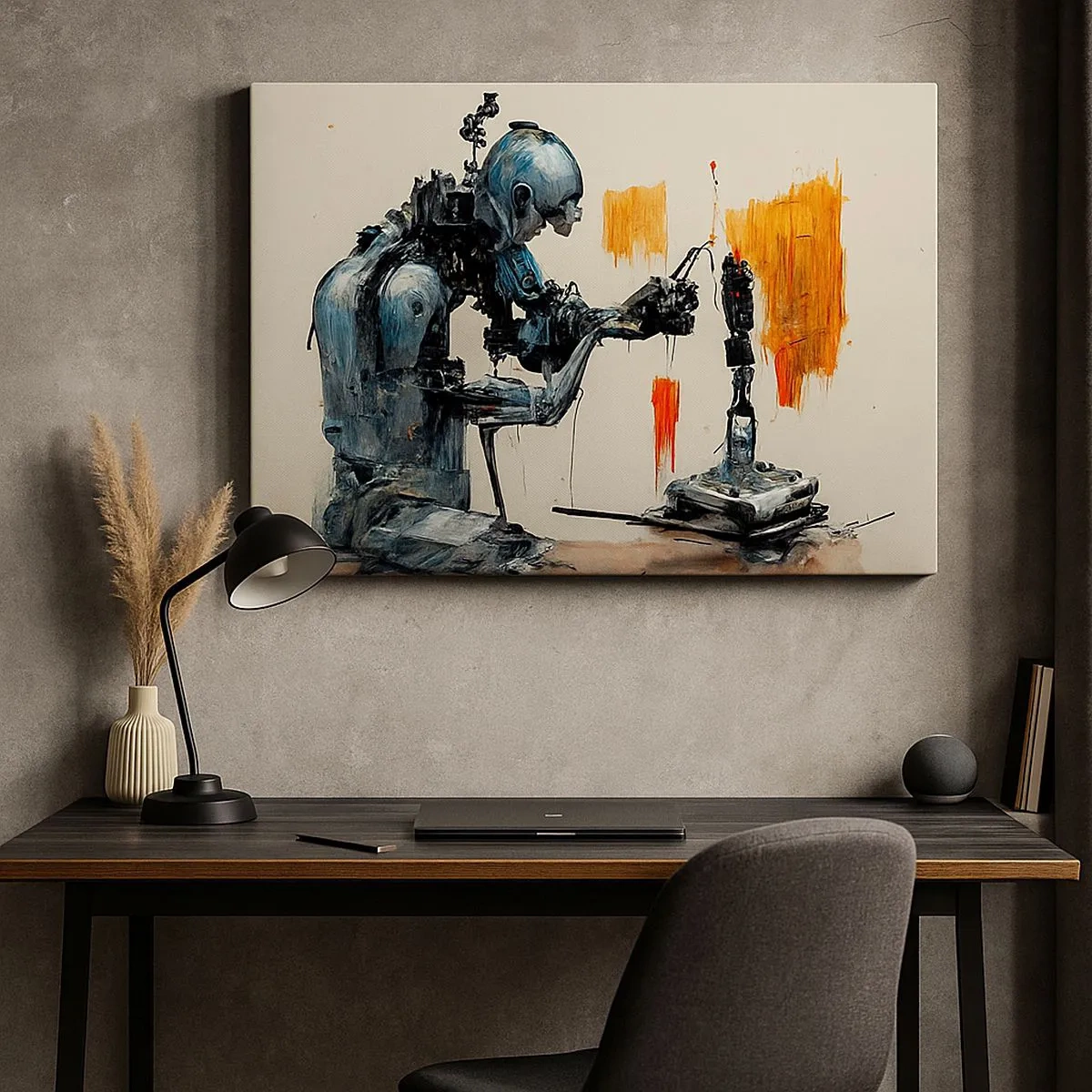 Impression sur toile - Image sur toile - Robot au travail avec un arrière-plan abstrait - 70x50cm - Déjà demain… - Décoration murale moderne pour le salon et la chambre ARTTOR