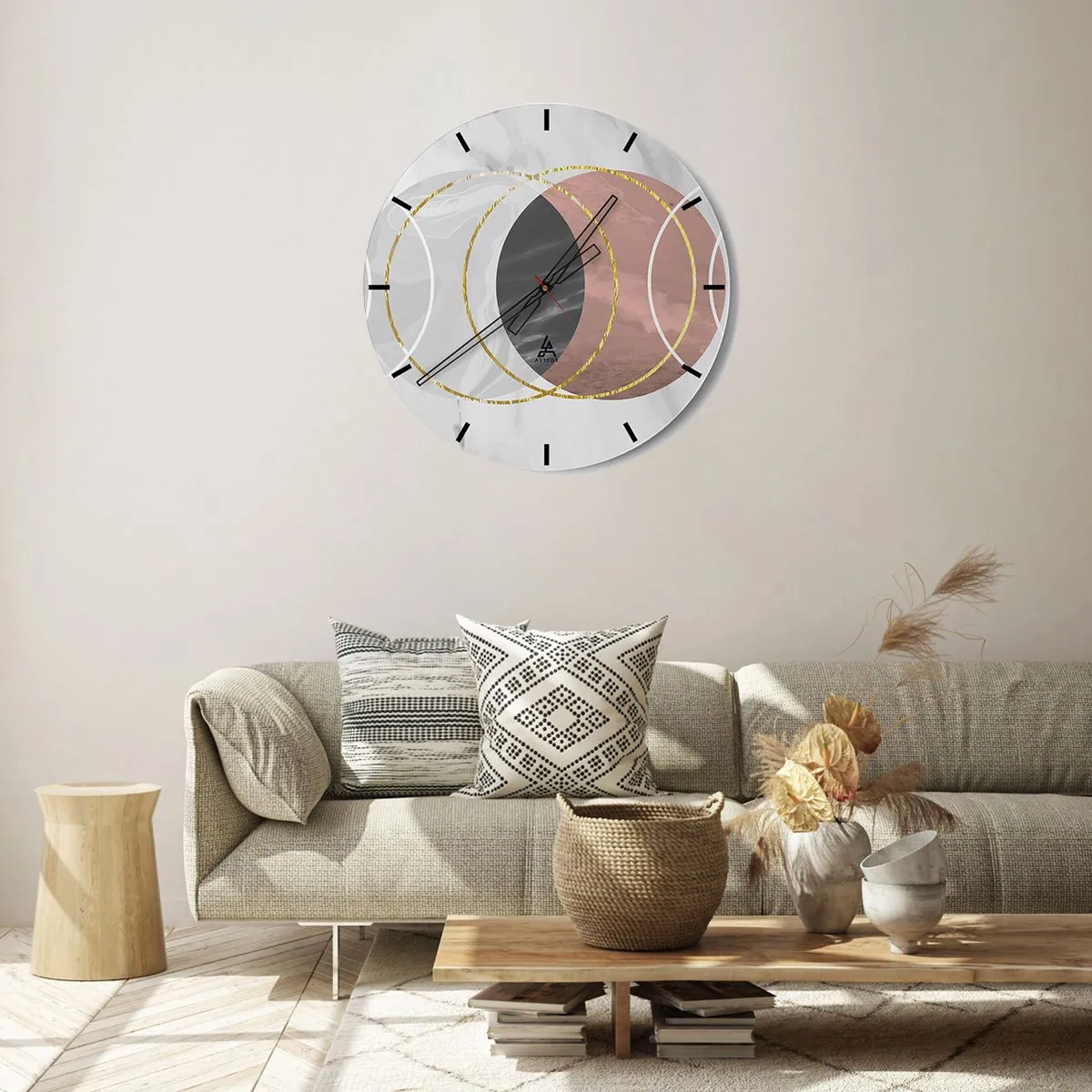 Horloge murale - Pendule murale - Cercles géométriques dans des tons de gris et de cuivre avec des accents dorés - 30x30cm - Musique des sphères - Décoration murale moderne pour le salon, la cuisine et la chambre ARTTOR
