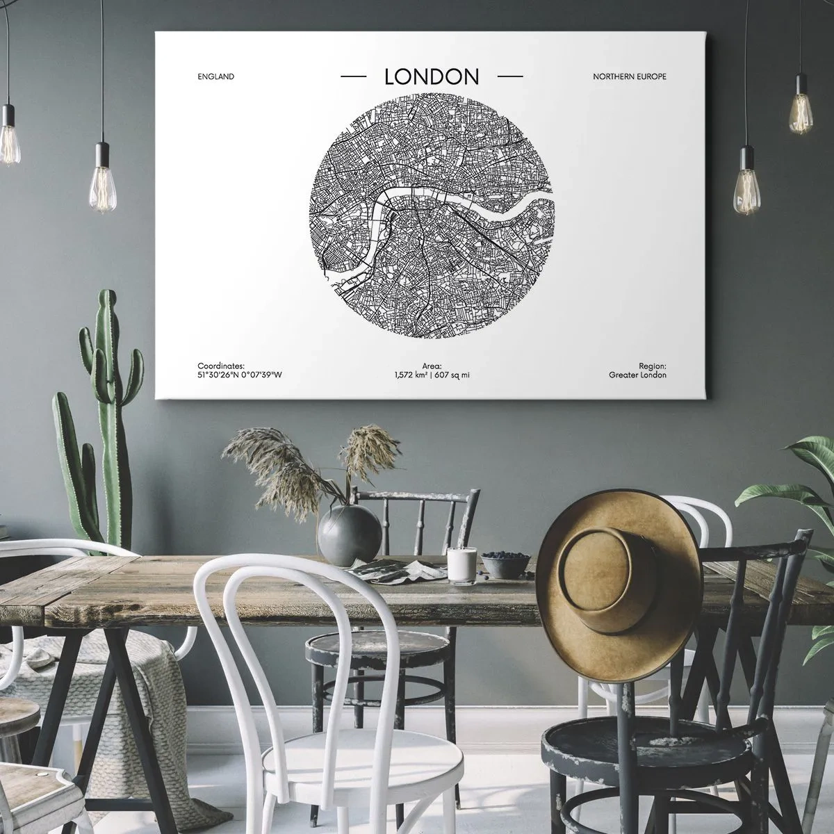 Impression sur toile - Image sur toile - Une carte minimaliste de Londres en noir et blanc avec des détails précis. - 70x50cm - Anatomie de Londres - Décoration murale moderne pour le salon et la chambre ARTTOR
