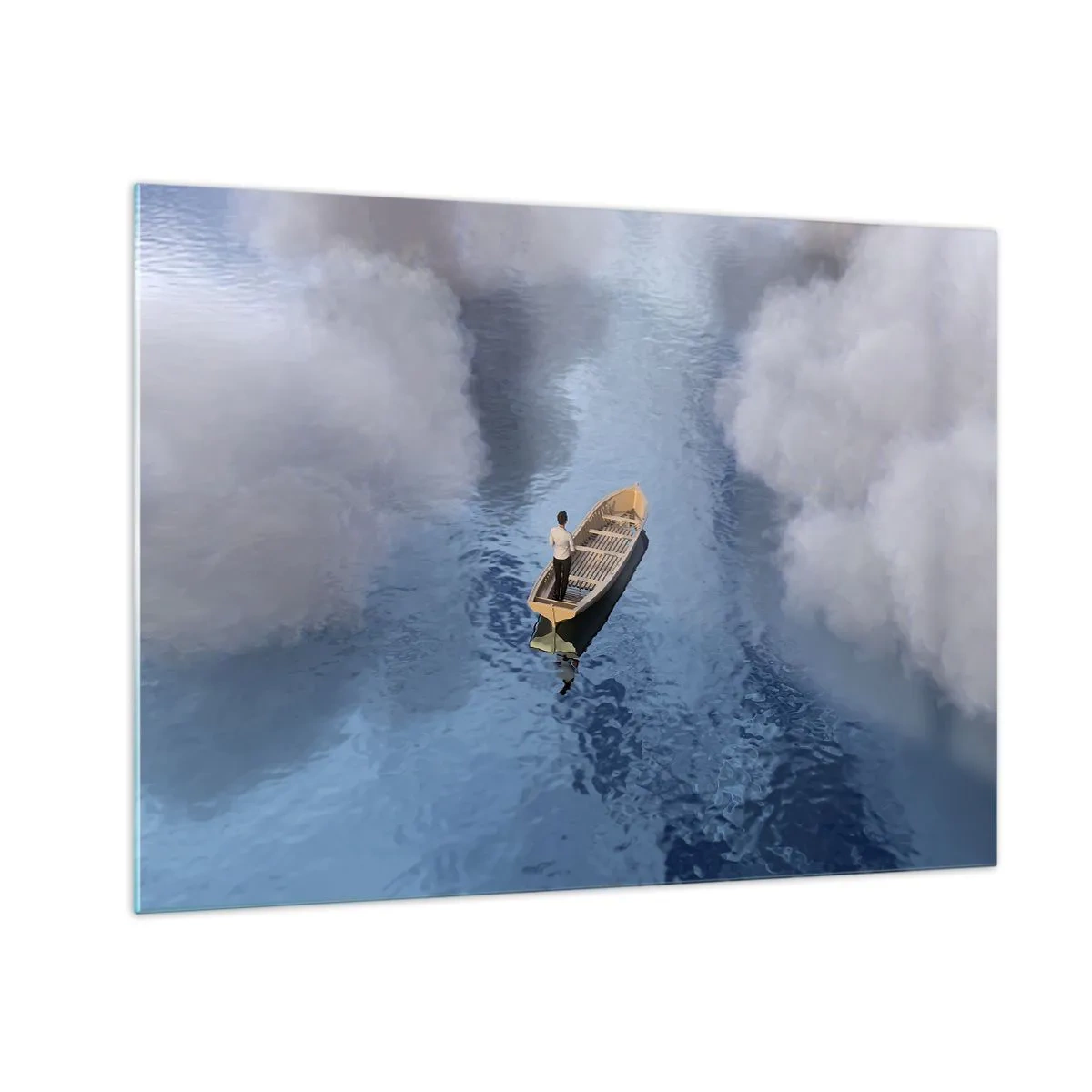 Impression sur verre - Image sur verre - Un homme dans un bateau naviguant sur l'eau parmi les nuages - 70x50cm - Vie – voyage – inconnu - Décoration murale moderne pour le salon et la chambre ARTTOR