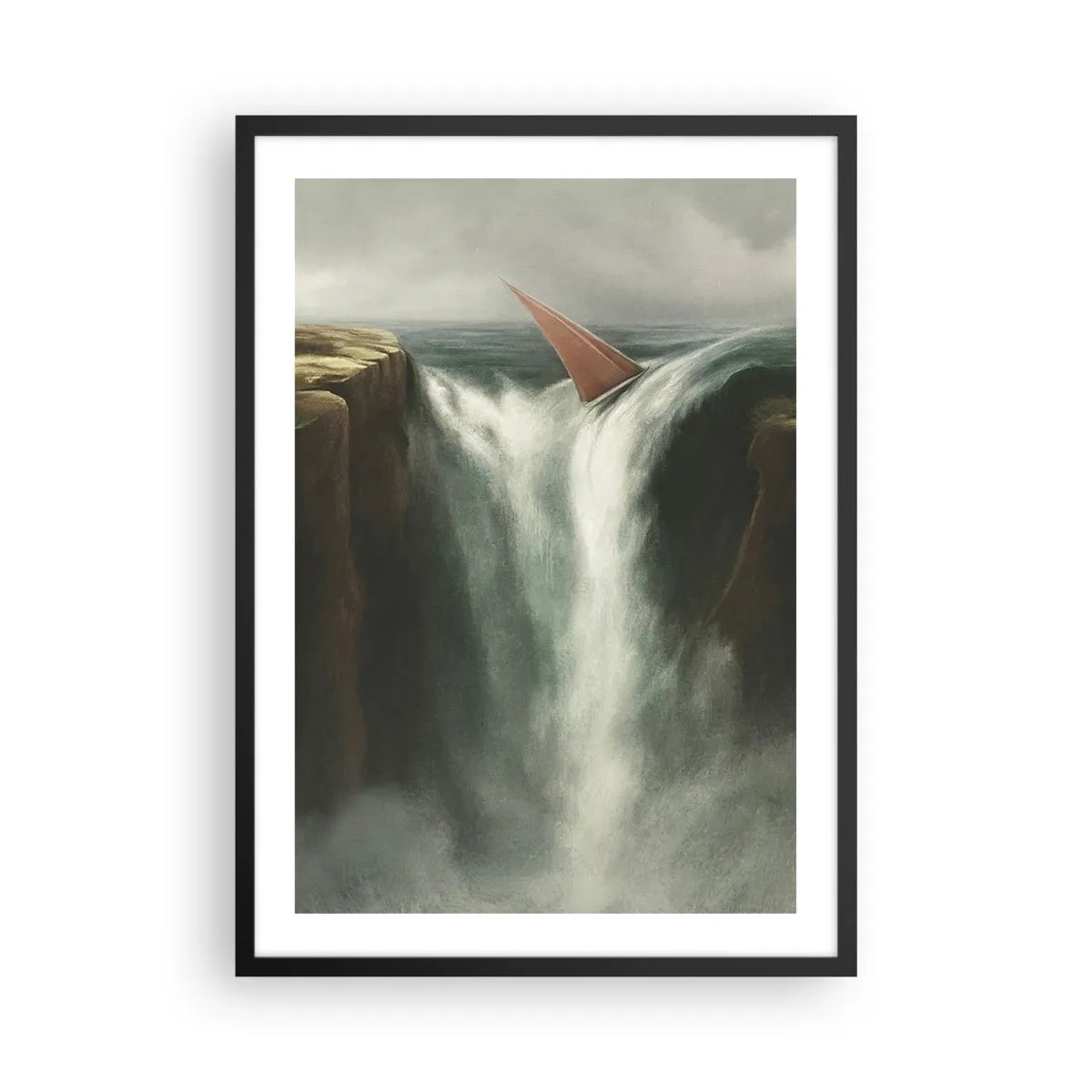 Affiche dans un cadre noir - Poster - Un voilier tombe d'une cascade dans un paysage surréaliste. - 50x70cm - Un avertissement de la vie - Décoration murale moderne pour le salon et la chambre ARTTOR