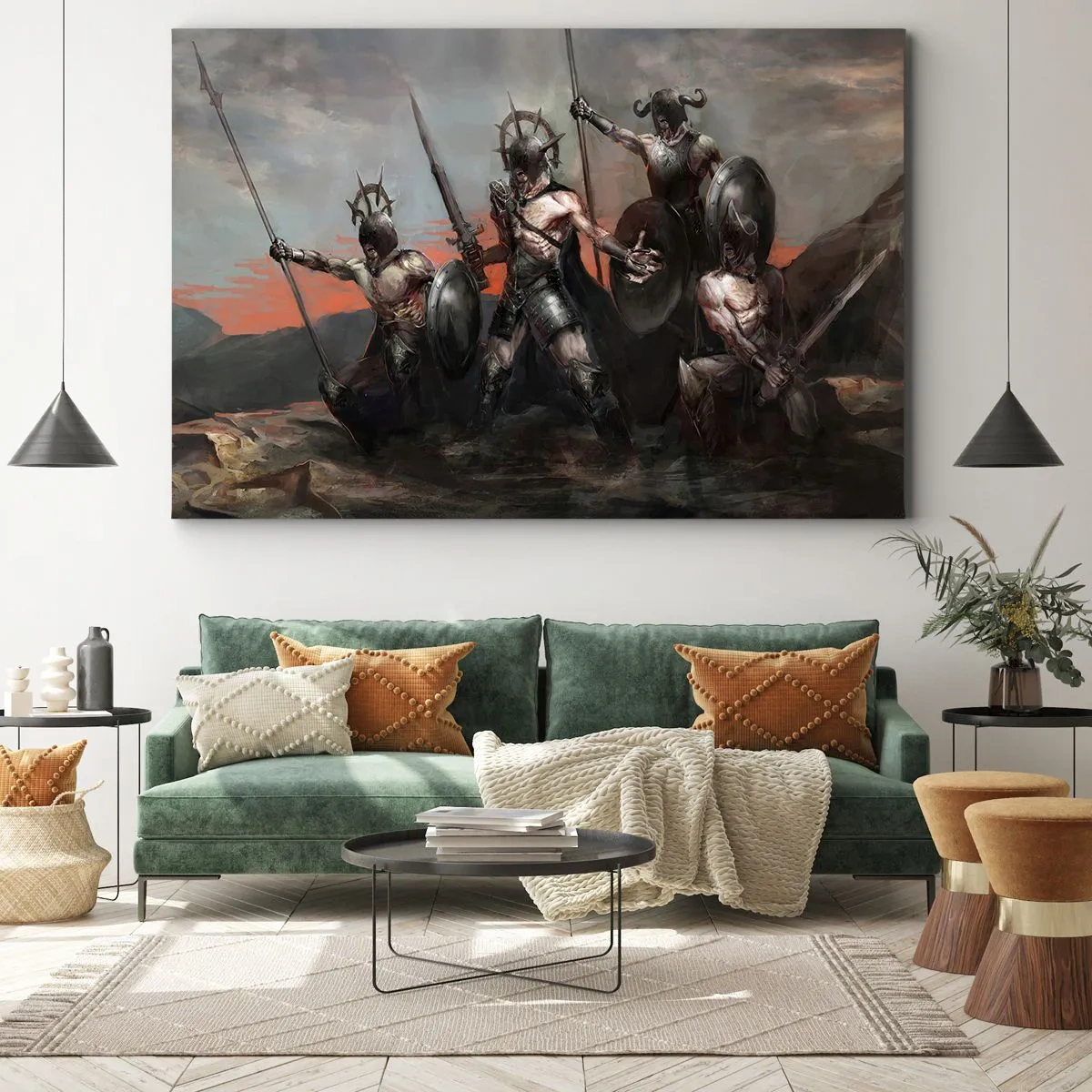 Impression sur toile - Image sur toile - Un groupe de guerriers en armure avec des lances sur fond de coucher de soleil - 70x50cm - Avec ou sur un bouclier - Décoration murale moderne pour le salon et la chambre ARTTOR
