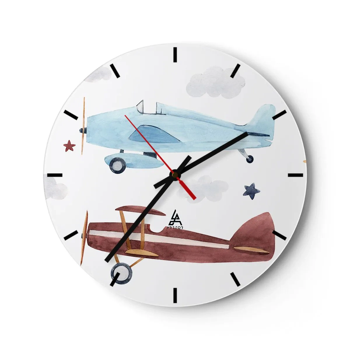 Horloge murale - Pendule murale - Illustration de deux avions de style rétro sur un fond nuageux - 30x30cm - Monsieur le pilote, nous vous attendons ! - Décoration murale moderne pour le salon, la cuisine et la chambre ARTTOR