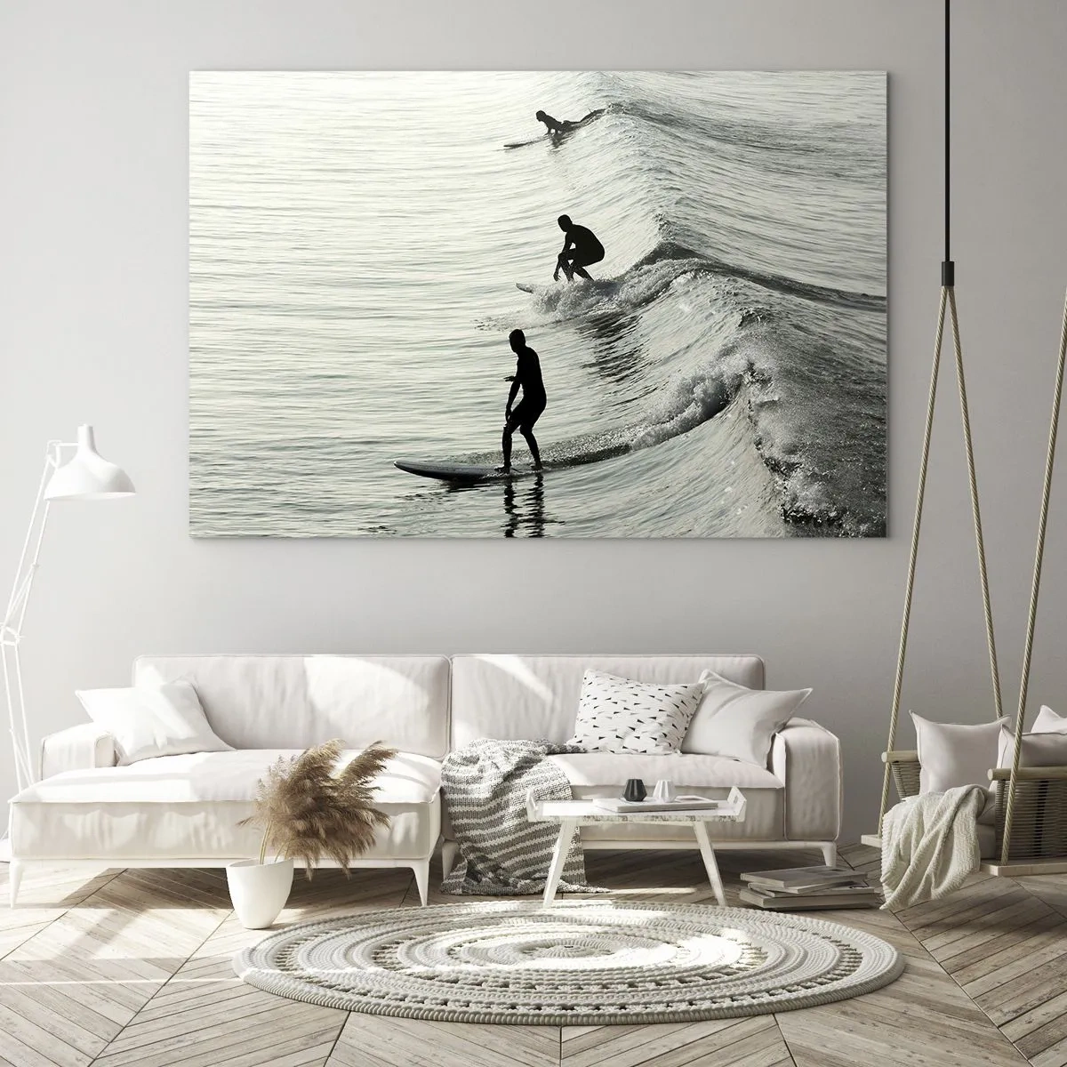 Impression sur verre - Image sur verre - Trois surfeurs surfant sur les vagues le matin - 70x50cm - A la rencontre de la vague - Décoration murale moderne pour le salon et la chambre ARTTOR