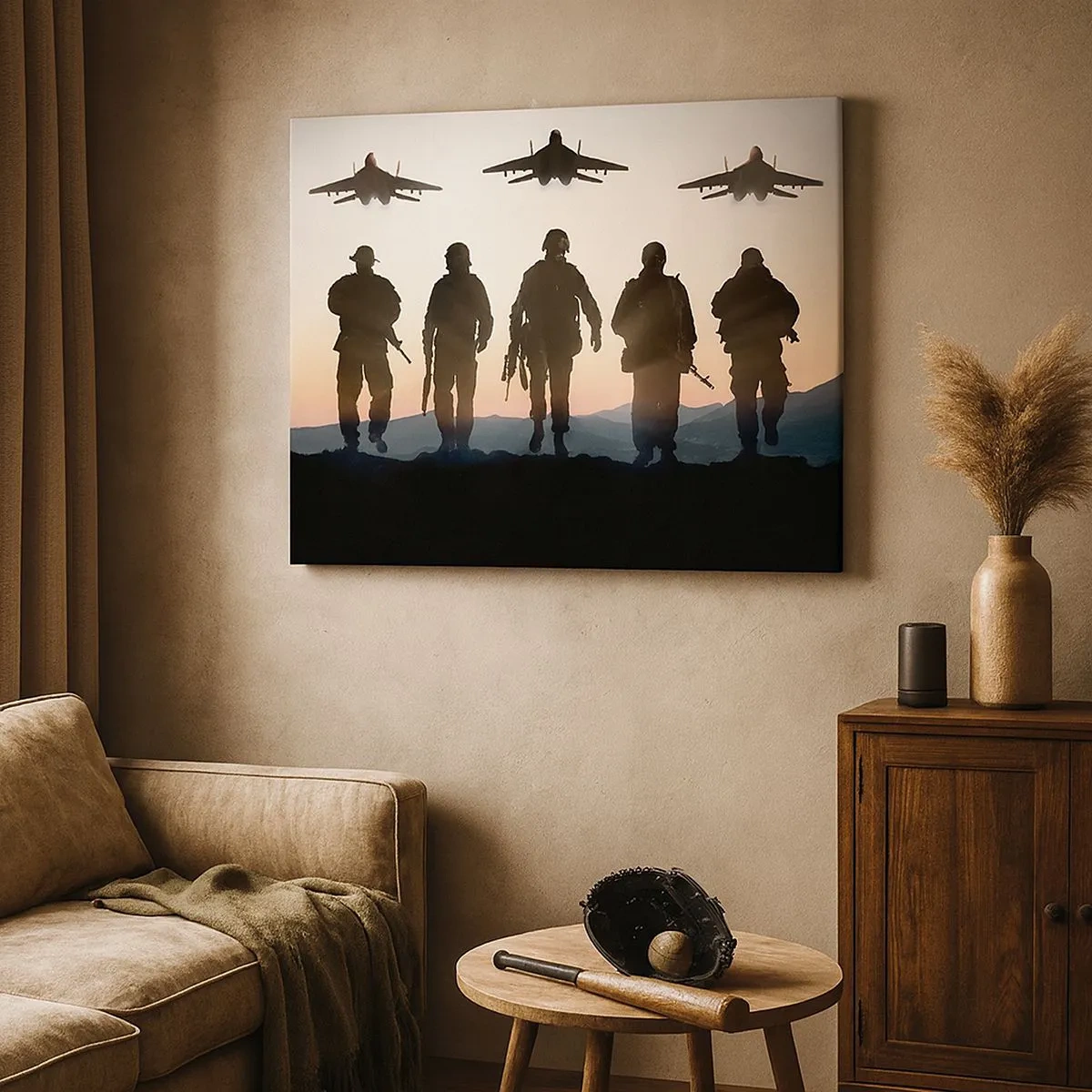 Impression sur toile - Image sur toile - Silhouettes de soldats et d'avions de chasse sur fond de coucher de soleil - 70x50cm - Bienvenue dans notre monde - Décoration murale moderne pour le salon et la chambre ARTTOR