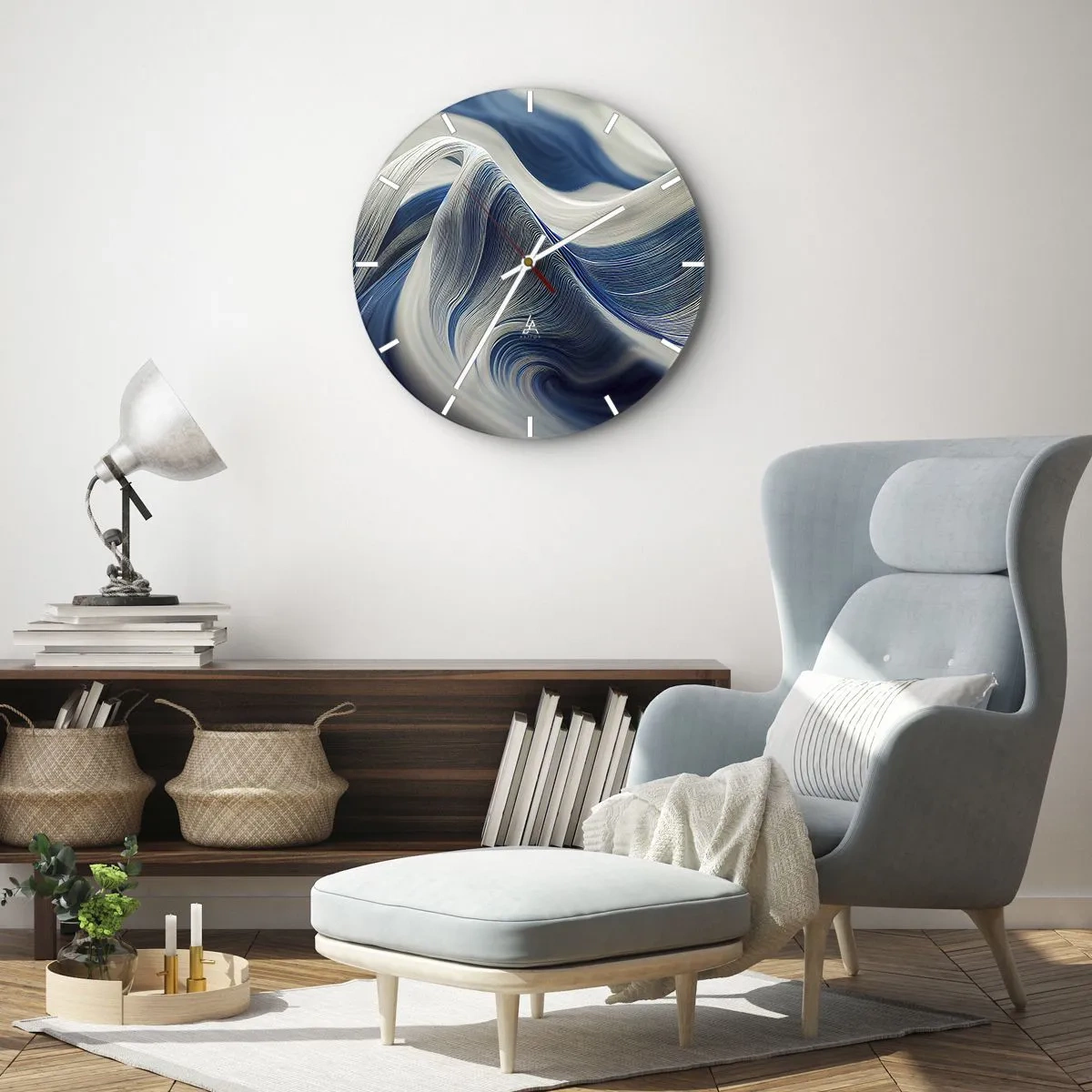 Horloge murale - Pendule murale - Tourbillons dynamiques dans des tons de bleu et de blanc avec une disposition ondulée - 30x30cm - La fluidité du bleu et du blanc - Décoration murale moderne pour le salon, la cuisine et la chambre ARTTOR