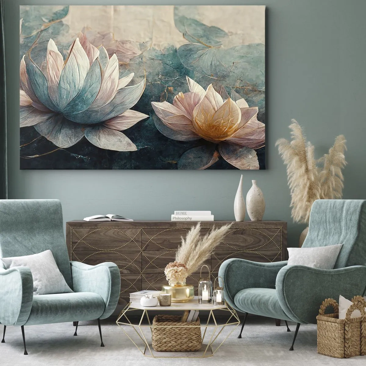 Impression sur toile - Image sur toile - De subtils nénuphars aux tons pastel de bleu et d'or - 70x50cm - Les étoiles du lac - Décoration murale moderne pour le salon et la chambre ARTTOR