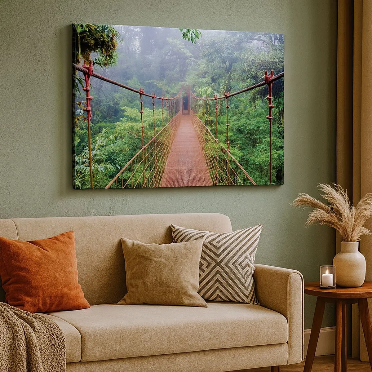 Impression sur toile - Image sur toile - Un pont suspendu dans une jungle tropicale entourée de brouillard - 70x50cm - Suspendu sur les couronnes - Décoration murale moderne pour le salon et la chambre ARTTOR
