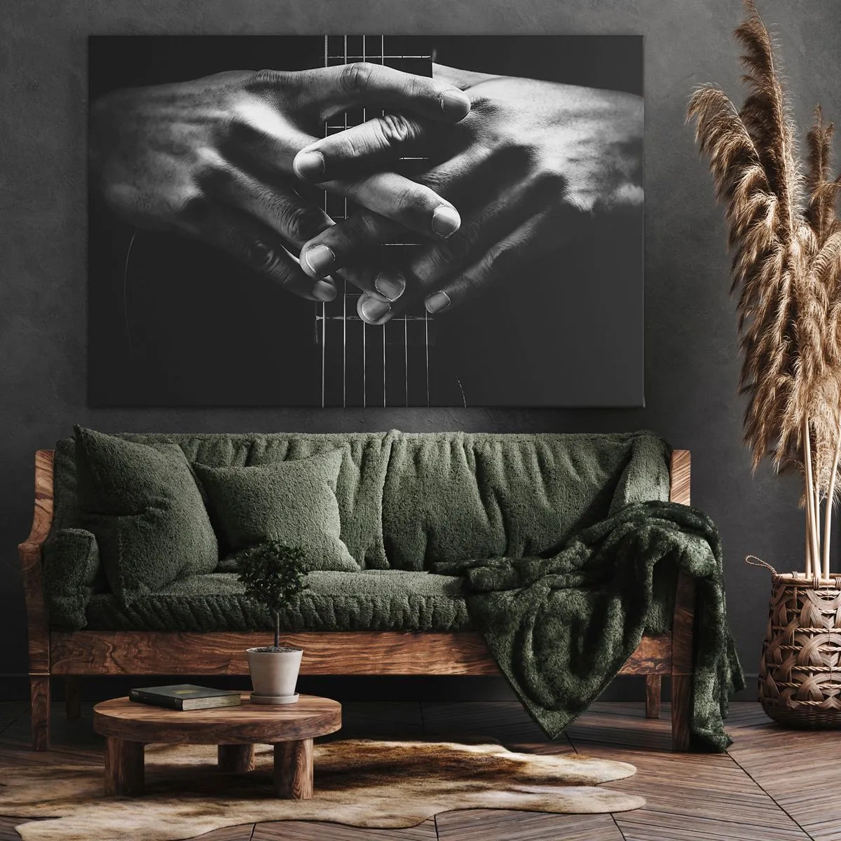 Impression sur toile - Image sur toile - Mains jointes sur une guitare dans un ton monochrome - 70x50cm - Prière d'artiste - Décoration murale moderne pour le salon et la chambre ARTTOR