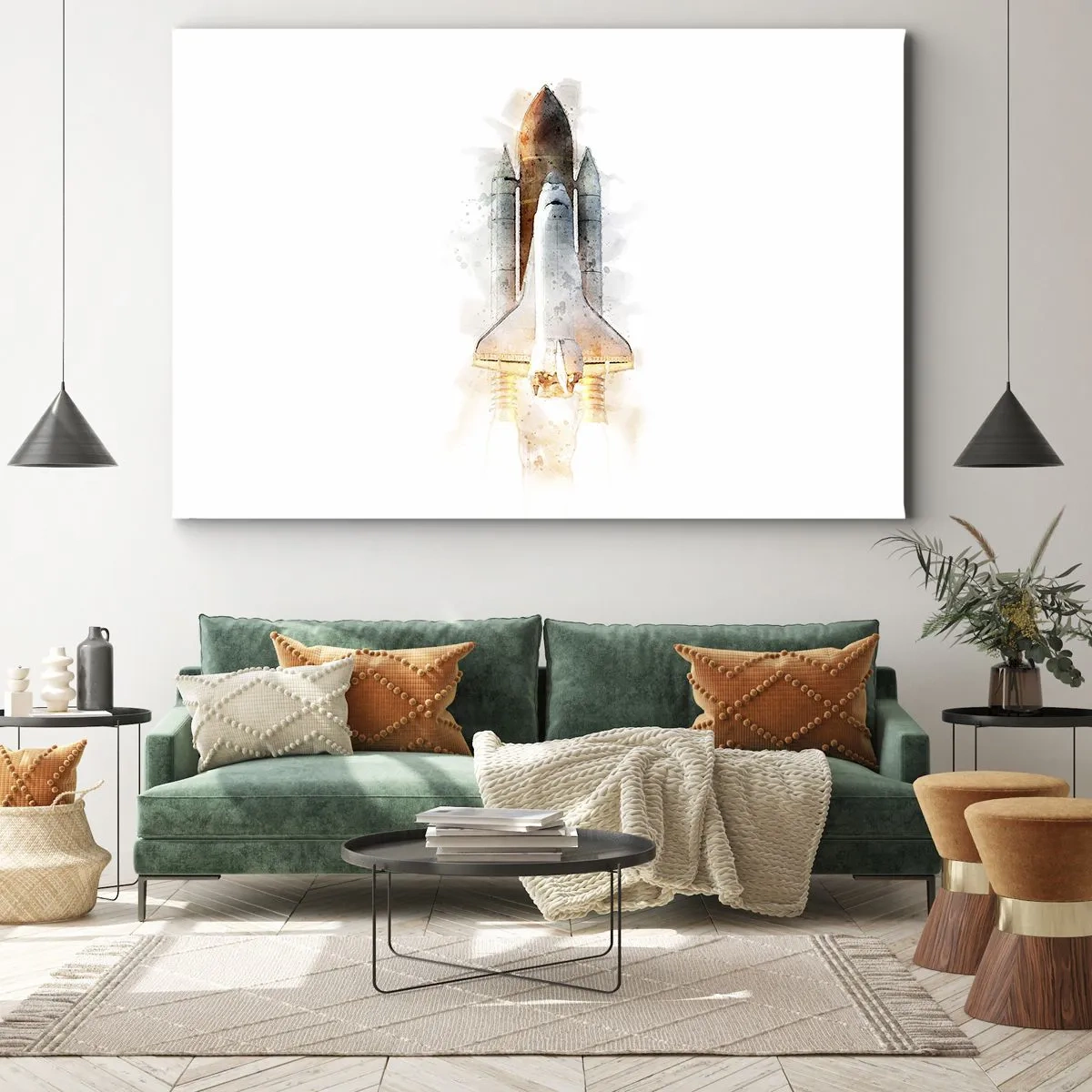 Impression sur toile - Image sur toile - Une interprétation artistique à l'aquarelle d'une navette spatiale au décollage - 70x50cm - Des explorateurs pour commencer - Décoration murale moderne pour le salon et la chambre ARTTOR