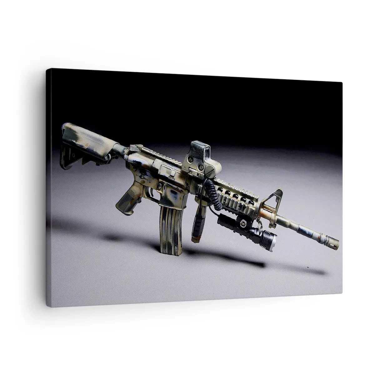 Impression sur toile - Image sur toile - Arme moderne de couleur camouflage sur fond sombre - 70x50cm - Toujours menaçant - Décoration murale moderne pour le salon et la chambre ARTTOR