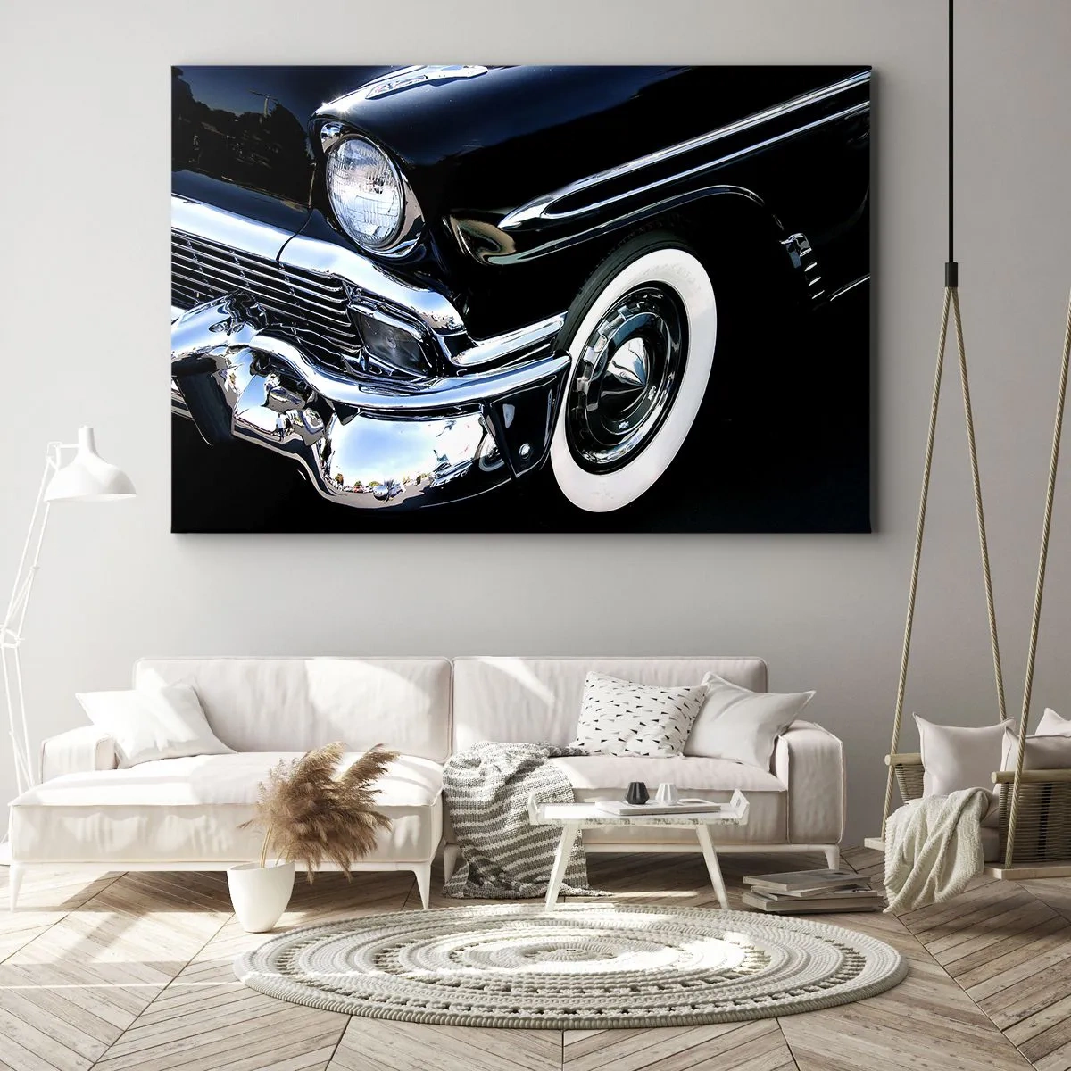 Impression sur toile - Image sur toile - Gros plan du phare et du garde-boue d'une voiture classique noire - 70x50cm - Classique en argent, noir et blanc - Décoration murale moderne pour le salon et la chambre ARTTOR