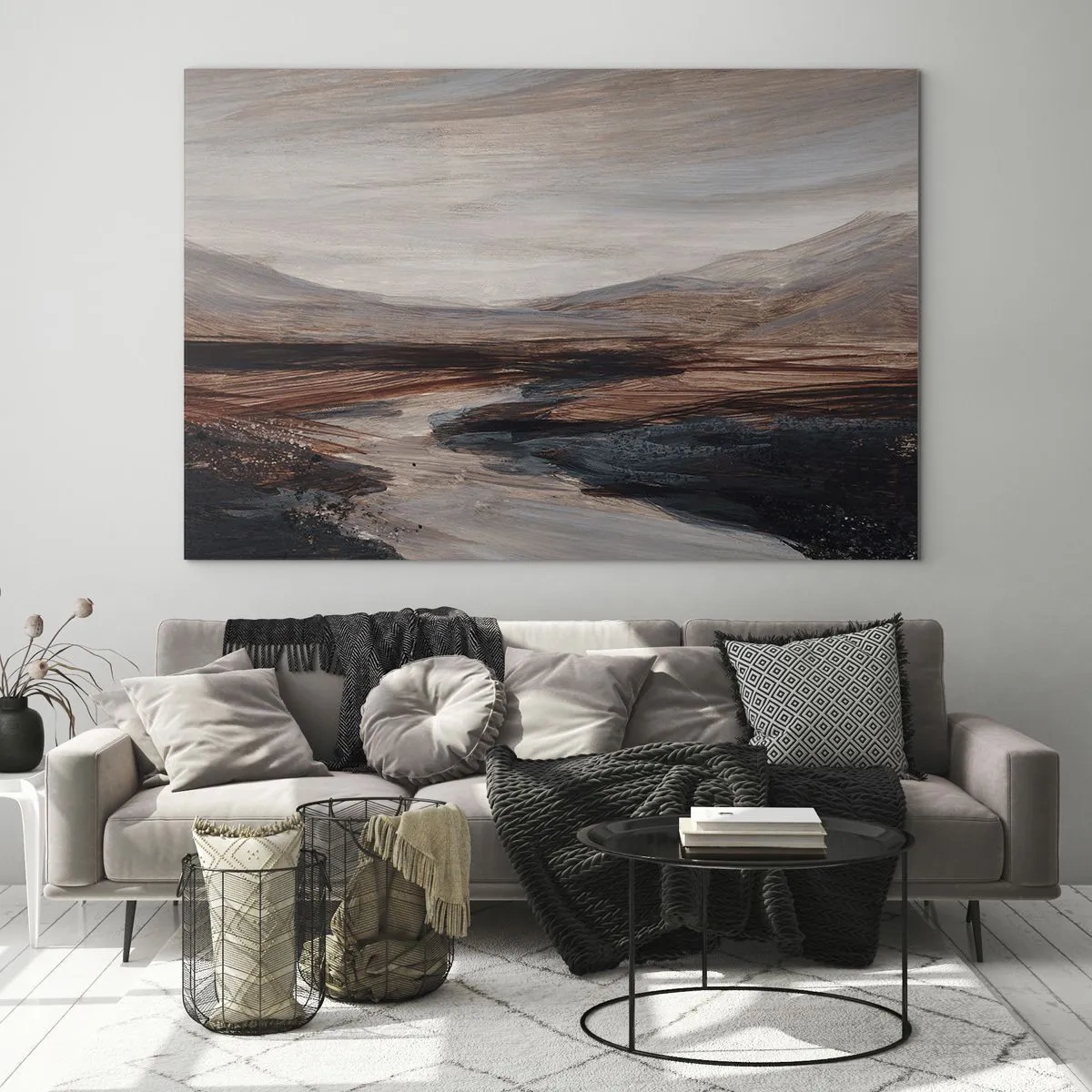 Impression sur verre - Image sur verre - Une vallée pittoresque avec une rivière aux tons bruns et bleus - 70x50cm - Une vallée tranquille - Décoration murale moderne pour le salon et la chambre ARTTOR