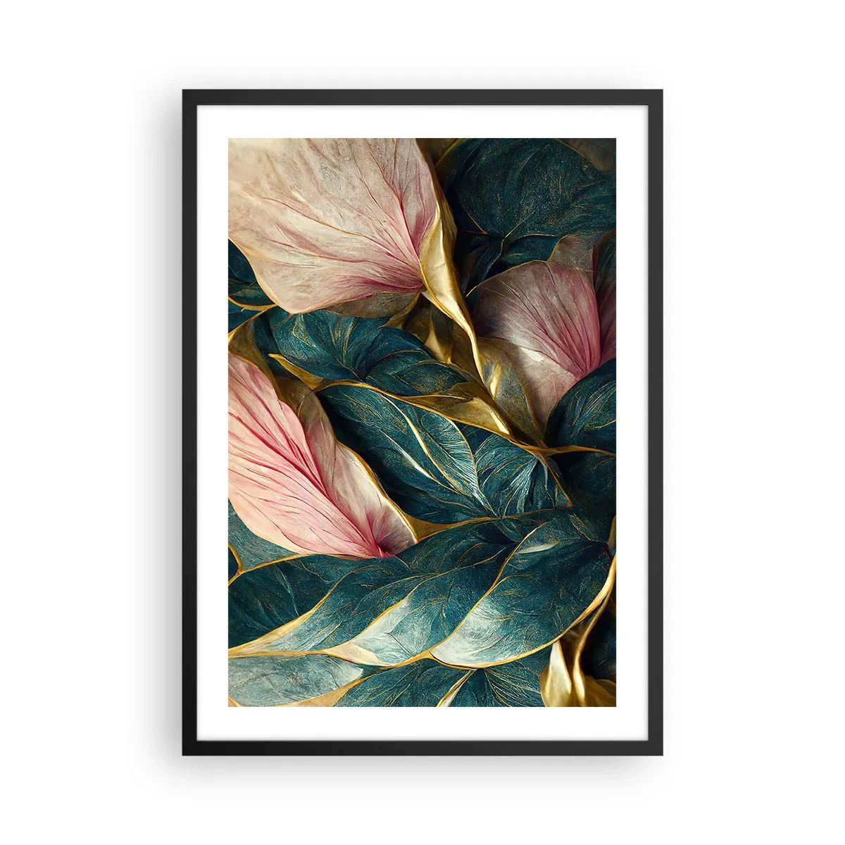 Affiche dans un cadre noir - Poster - Une élégante composition de feuilles dans des tons de vert, d'or et de rose - 50x70cm - Élégance et style naturels - Décoration murale moderne pour le salon et la chambre ARTTOR