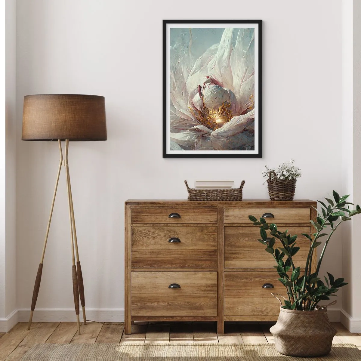 Affiche dans un cadre noir - Poster - Une abstraction subtile avec un motif floral dans des tons délicats de blanc et d'or. - 50x70cm - Il fleurit une fois tous les cent ans - Décoration murale moderne pour le salon et la chambre ARTTOR