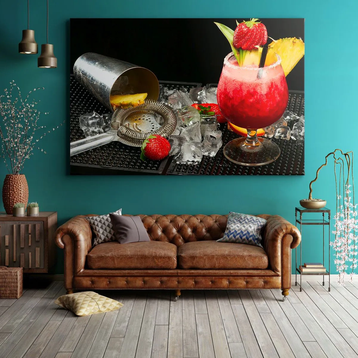 Impression sur toile - Image sur toile - Un cocktail coloré avec des fraises, de la glace et de l'ananas - 70x50cm - Envouter le goût - Décoration murale moderne pour le salon et la chambre ARTTOR
