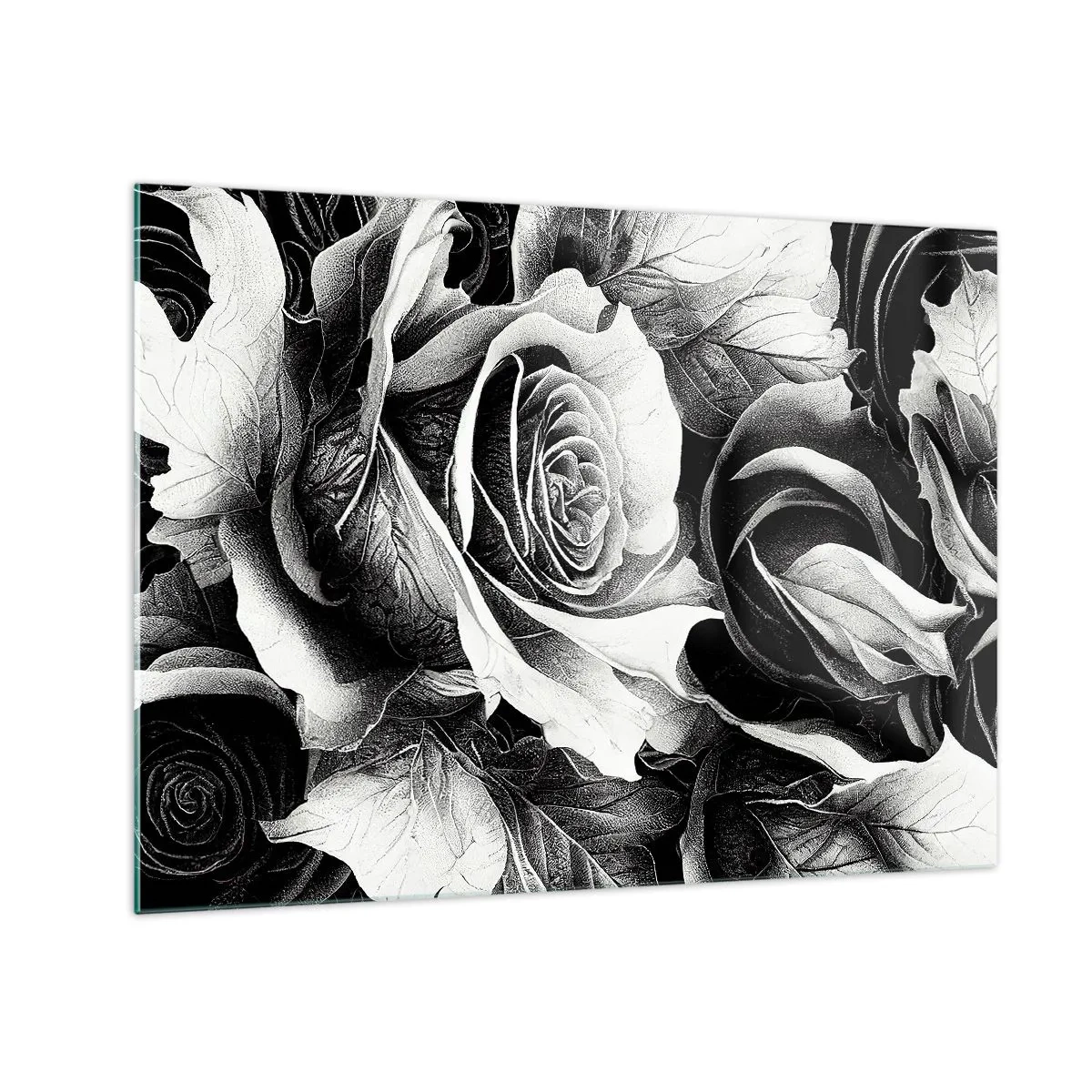 Impression sur verre - Image sur verre - Composition florale de roses noires et blanches avec détails - 70x50cm - Toujours une reine - Décoration murale moderne pour le salon et la chambre ARTTOR