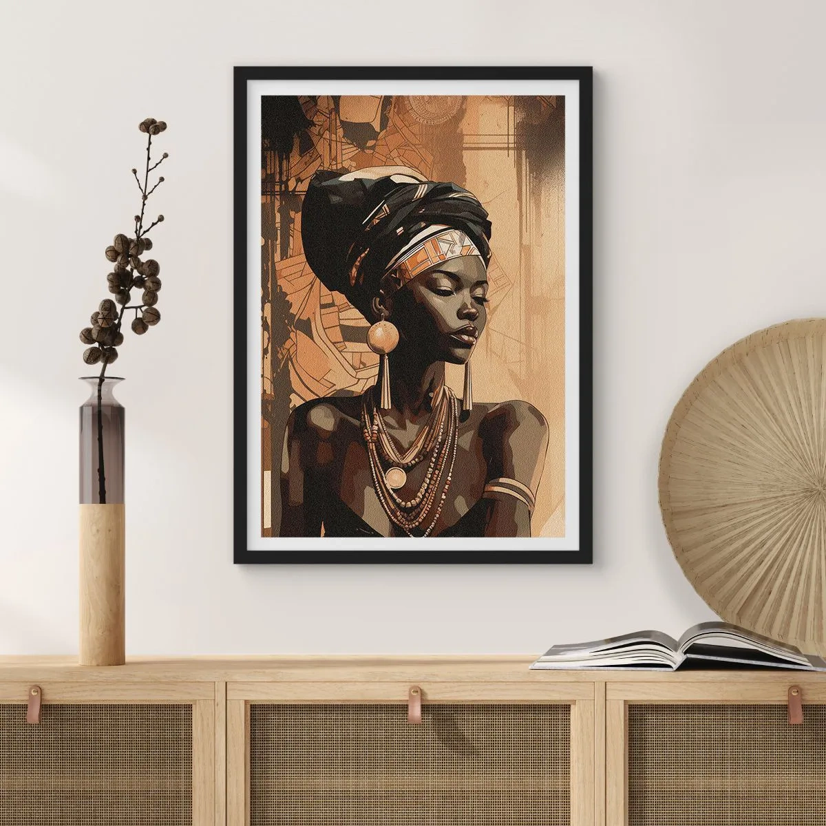 Affiche dans un cadre noir - Poster - Portrait d'une femme africaine portant des ornements traditionnels - 50x70cm - Majesté africaine - Décoration murale moderne pour le salon et la chambre ARTTOR
