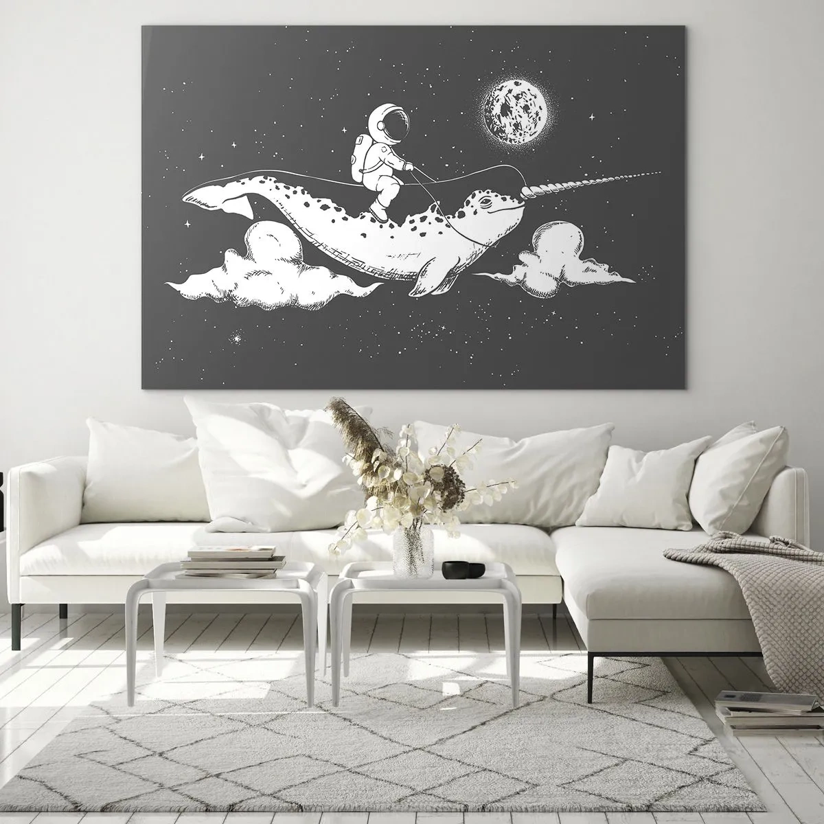 Impression sur verre - Image sur verre - Un astronaute chevauchant un narval dans un décor spatial - 70x50cm - Cavalier de l'espace - Décoration murale moderne pour le salon et la chambre ARTTOR