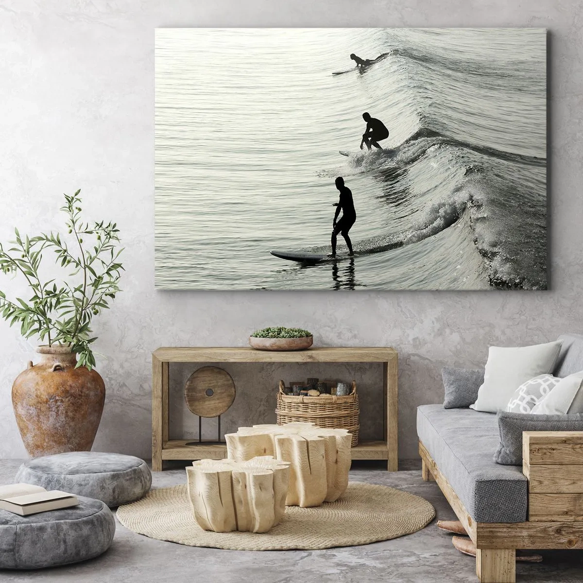 Impression sur toile - Image sur toile - Surfeurs sur les vagues dans une photo monochrome - 70x50cm - A la rencontre de la vague - Décoration murale moderne pour le salon et la chambre ARTTOR
