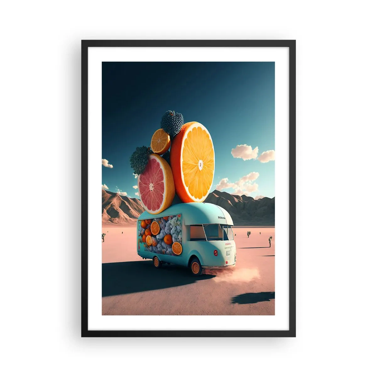 Affiche dans un cadre noir - Poster - Camion de fruits de fantaisie dans le désert - 50x70cm - Le goût des vacances - Décoration murale moderne pour le salon et la chambre ARTTOR